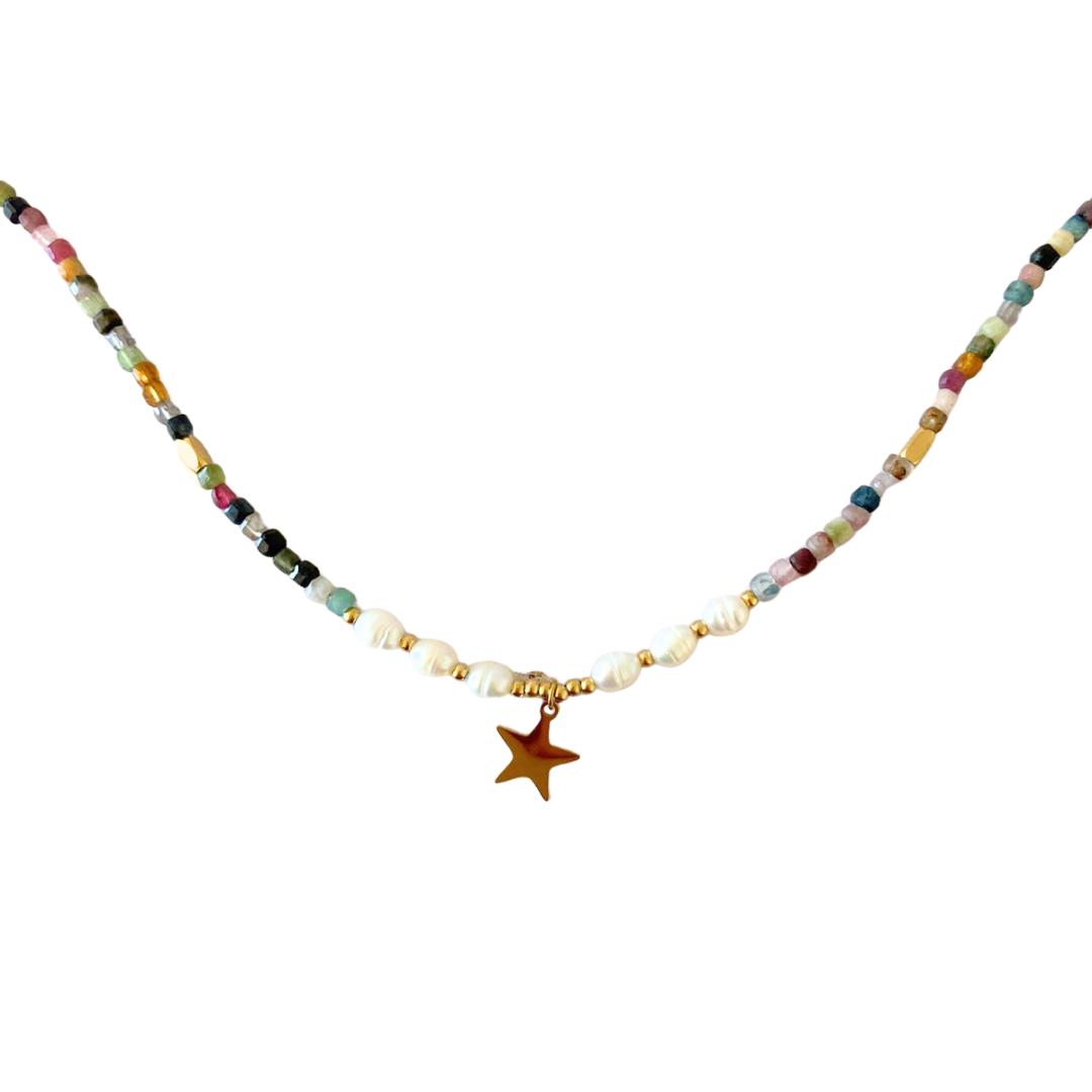 Collar Estrella Dorada con Perlas y Piedras Naturales | Colorido y A Prueba de Agua