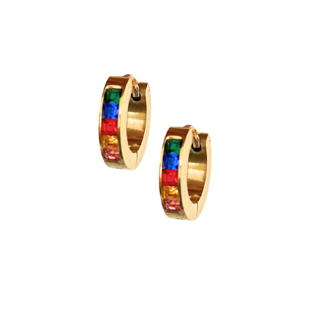 Aros Argollas Doradas con Circones Multicolor | Acero Inoxidable y A Prueba de Agua