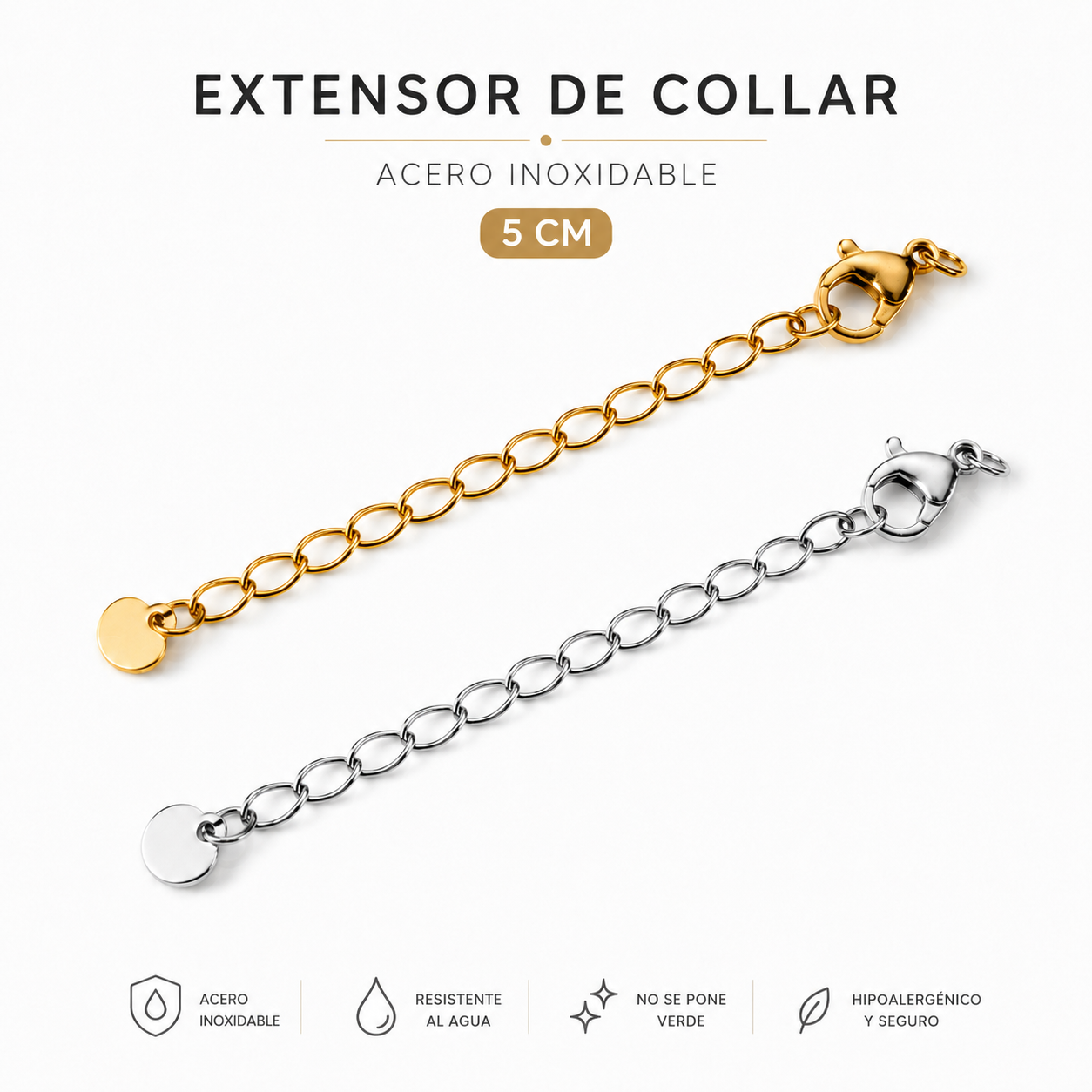 Extensor de Collar Acero Inoxidable 5 cm | Dorado y Plateado