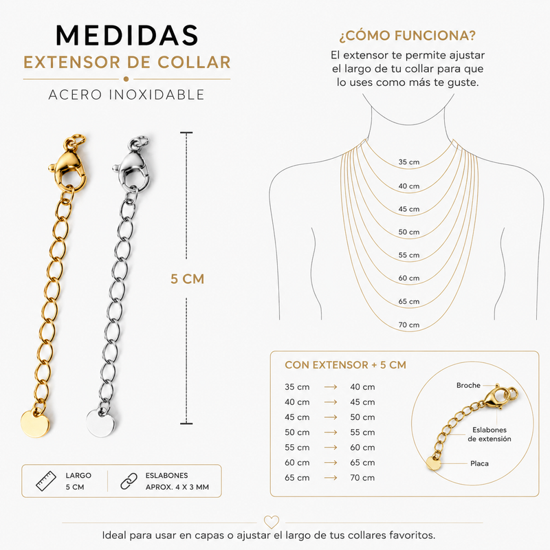 Extensor de Collar Acero Inoxidable 5 cm | Dorado y Plateado