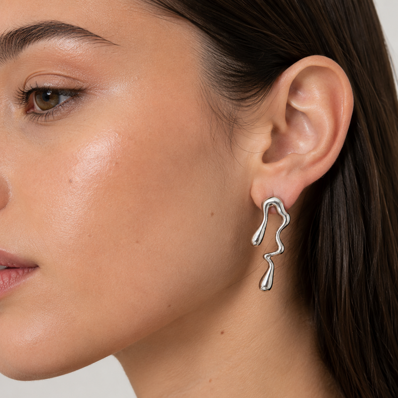 Aros Plateados Gota Abstracta de Acero Hipoalergénico
