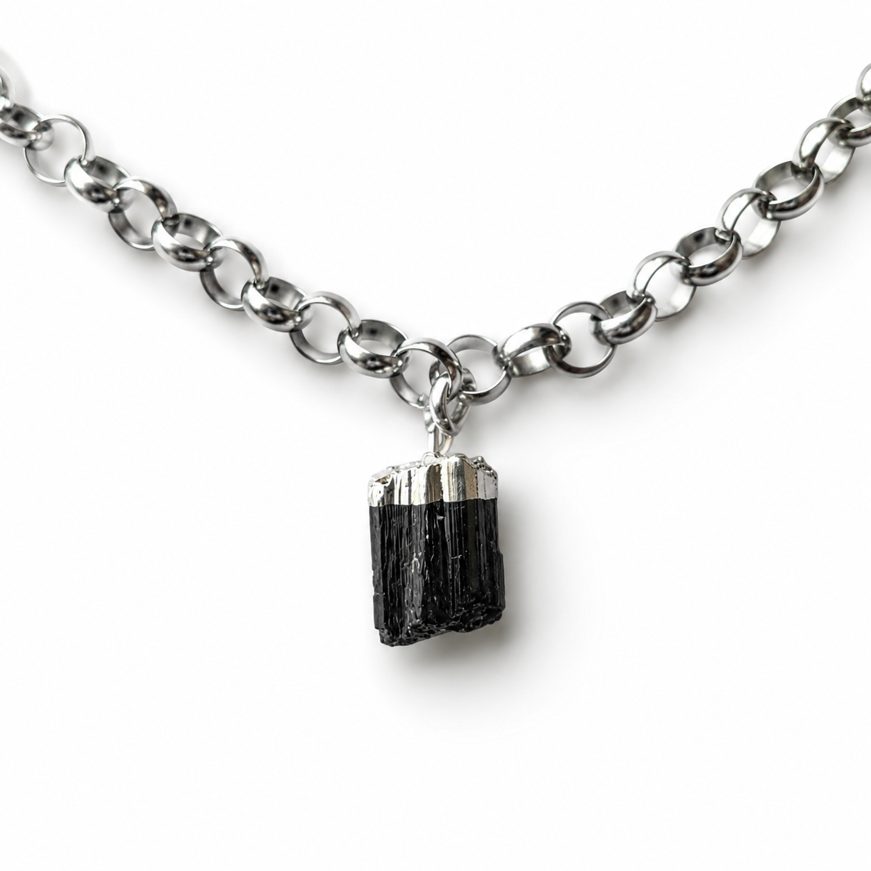 Collar Turmalina Negra Natural | Acero Inoxidable Chunky