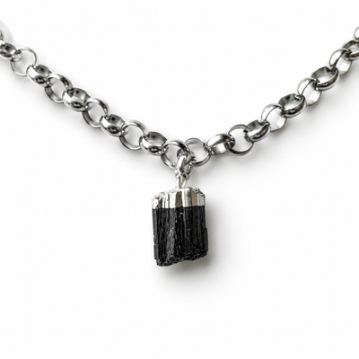 Collar Turmalina Negra Natural | Acero Inoxidable Chunky