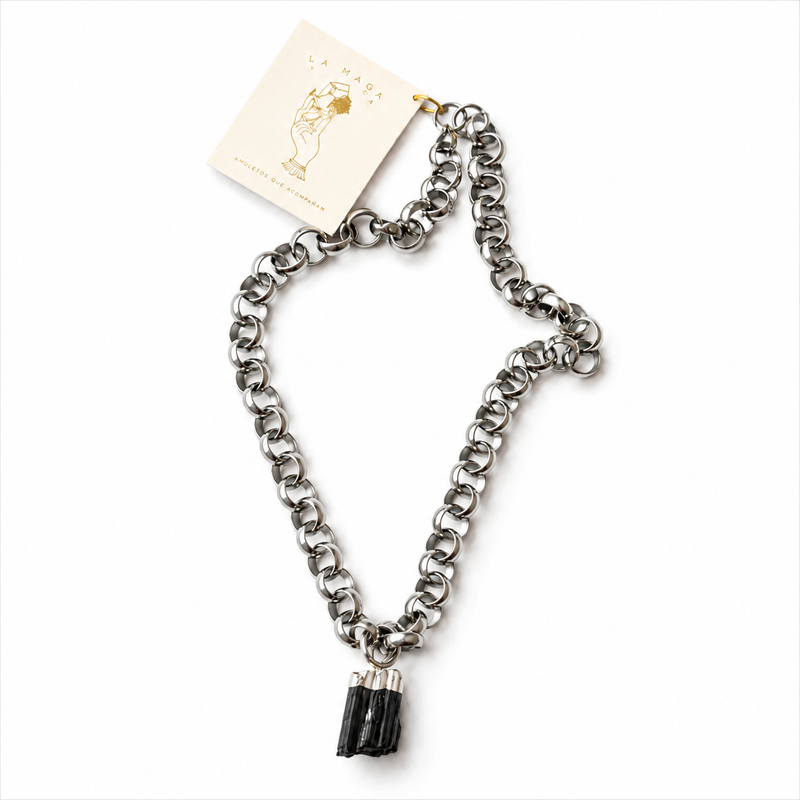 Collar Turmalina Negra Natural | Acero Inoxidable Chunky