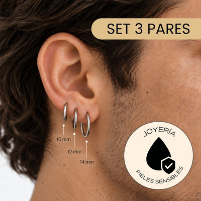 Set 3 Pares de Argollas de Acero Inoxidable 10, 12 y 14 mm –  Unisex
