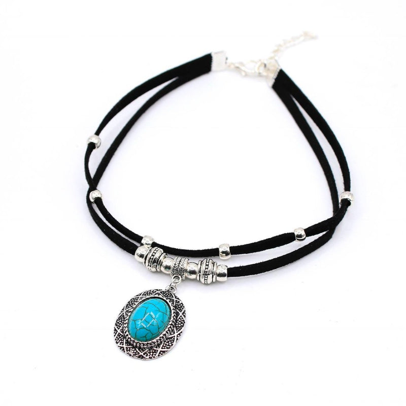 Choker Negro Turquesa con Detalles Plateados